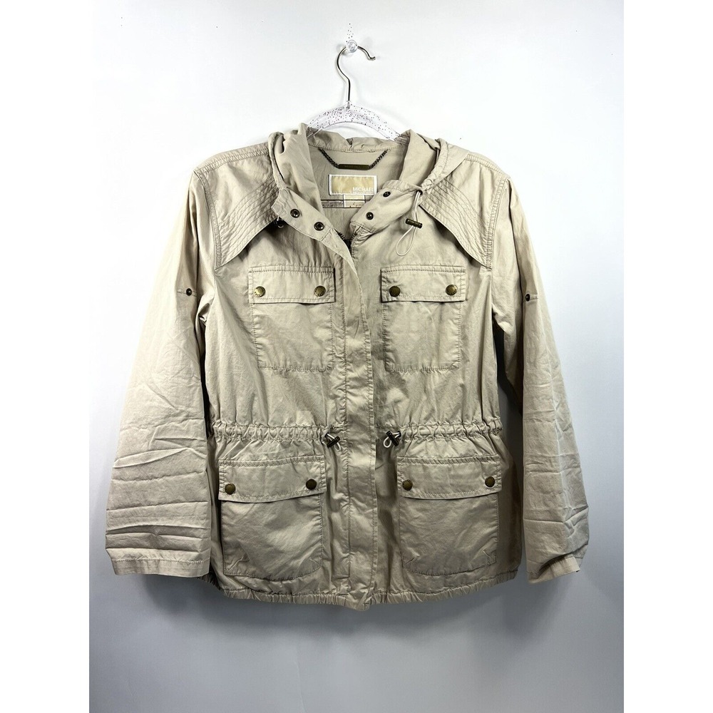 Michael Kors Hooded Windbreaker Women's Petite Sz S Tan Lightweight Tab Sleeves